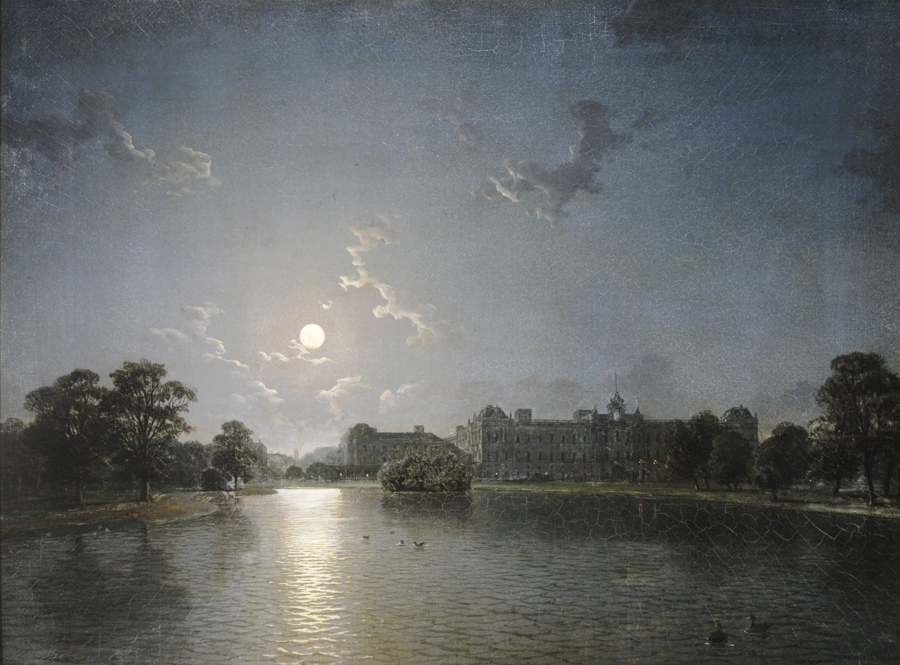 Venkovský dům přes jezero za měsíčního svitu, cca 1850 (olej na plátně) od English School