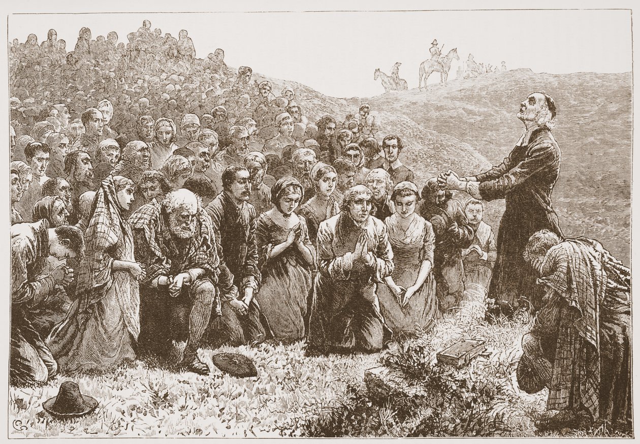 Uctívání Covenanters u břehů Whitadderu, ilustrace z Historie protestantismu od Jamese Aitkena Wylie (1808-1890), hospoda. 1878 od English School