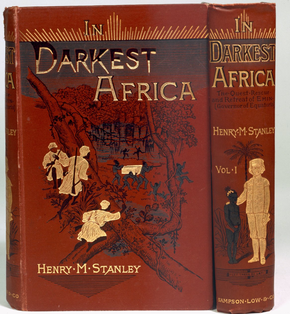 Obálka In Darkest Africa: or The Quest, Rescue, and Retreat of Emin (Governor of Equatoria), Volume I, Publikovaná v roce 1890 od English School