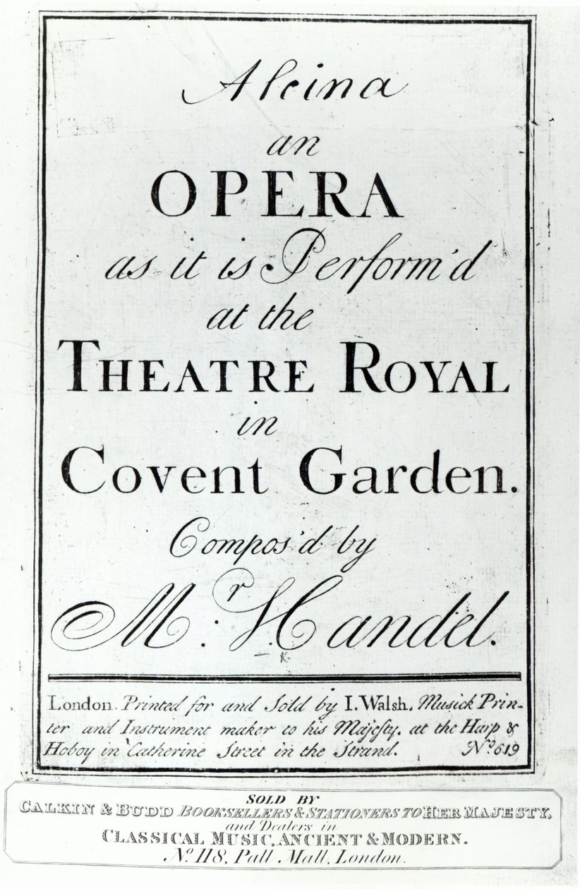 Obálka notového záznamu pro Alcinu, Händelovu operu, vydaná v roce 1735 od English School