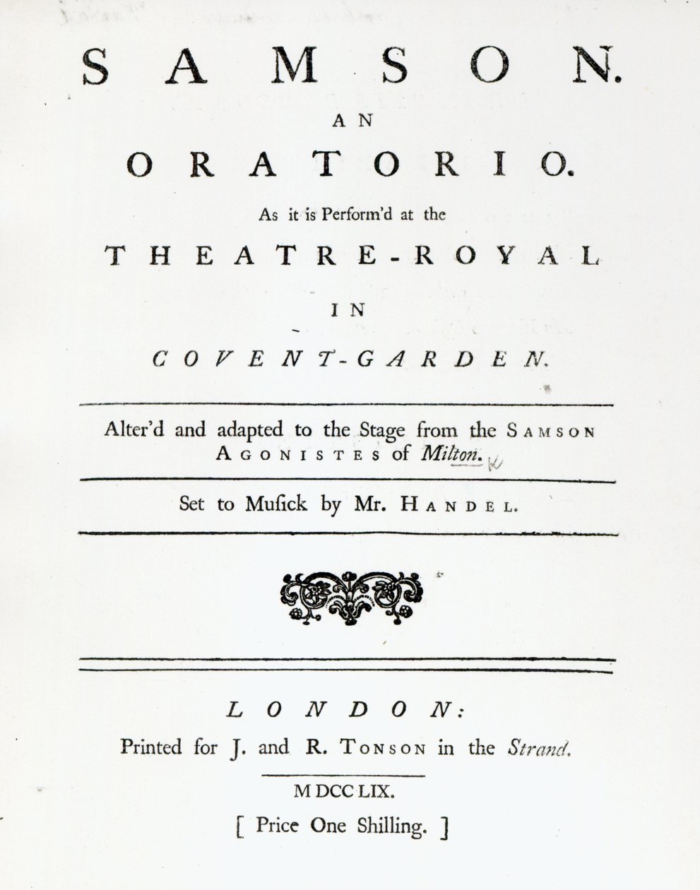 Obálka notového záznamu pro Samsona, Händelovo oratorium, vydané v roce 1759 od English School