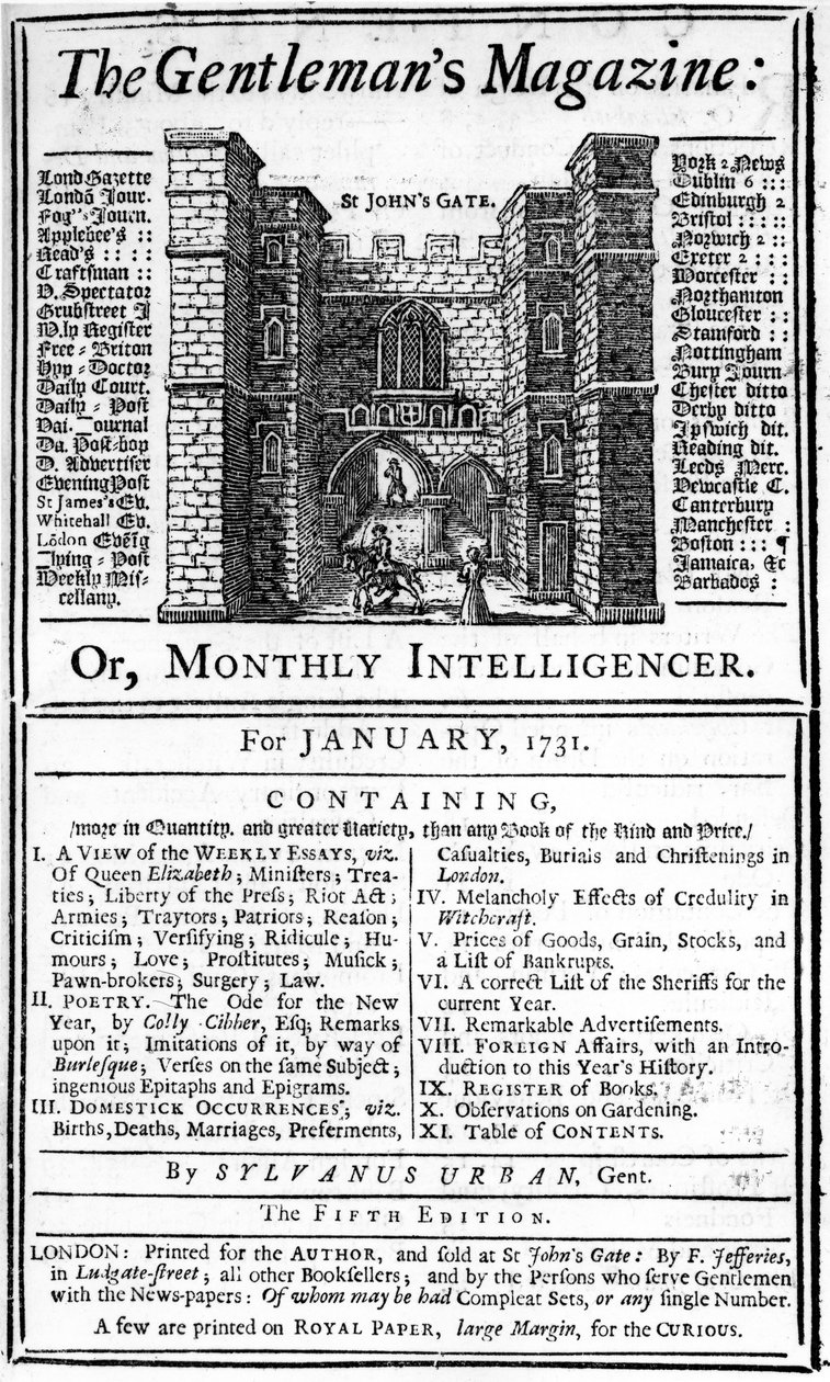 Obálka prvního vydání The Gentlemans Magazine, vydaného v lednu 1731 od English School