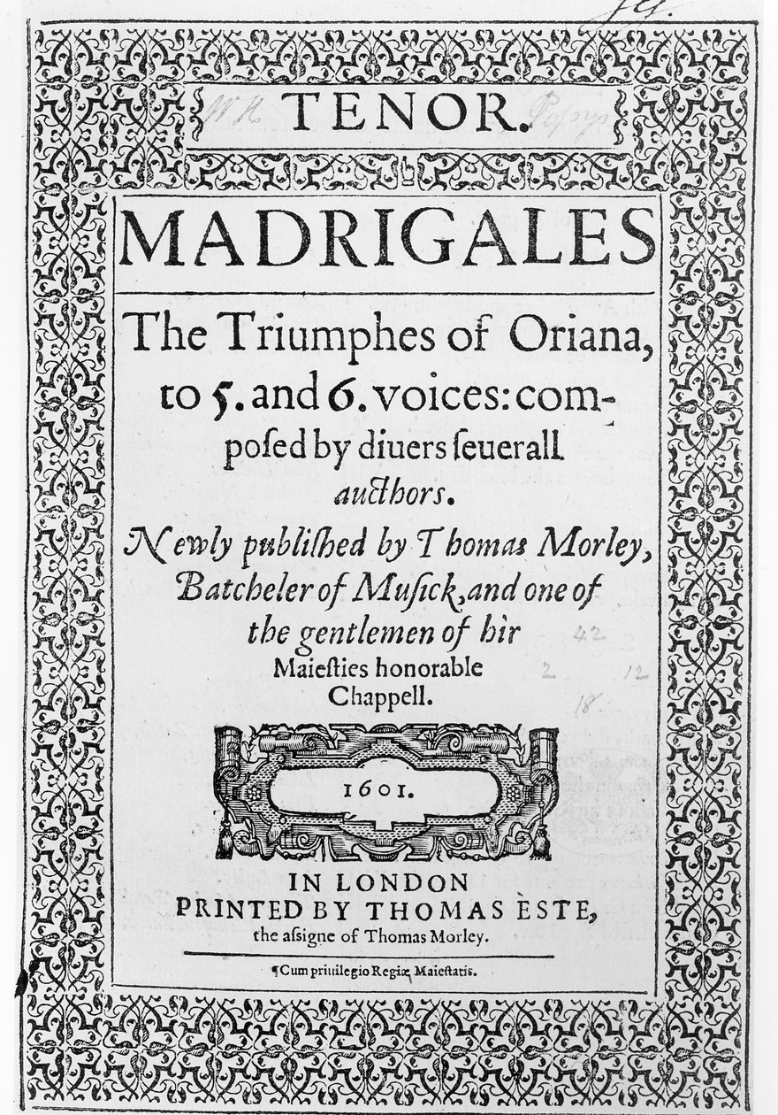 Obálka k tenorové části The Triumphes of Oriana, publikoval Thomas Este, 1601 od English School