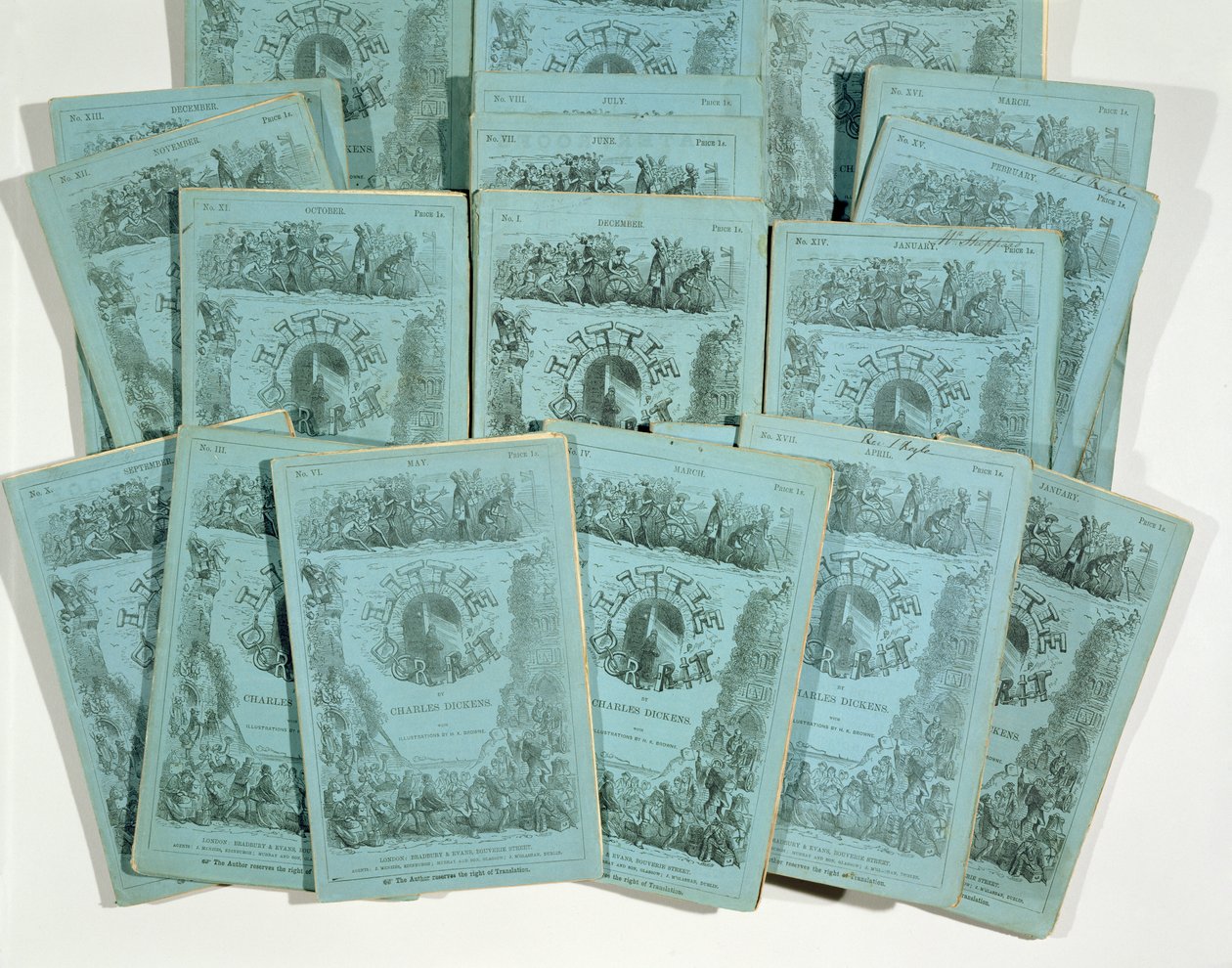 Obálky z Monthly Issues of Little Dorrit od Charlese Dickense (1812-70), vydaných cca. 1856 od English School