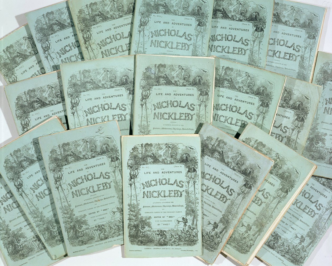 Obálky z měsíčních vydání The Life and Adventures of Nicholas Nickleby od Charlese Dickense (1812-70), publikovaných v roce 1839 (viz 136075) od English School