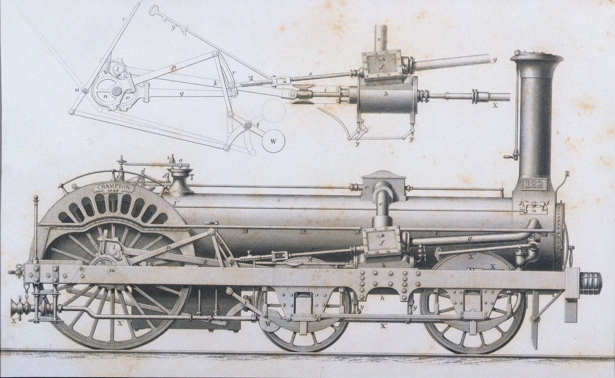 Parní stroj Cramptons Railway Locomotive od Cyclopaedia of Useful Arts & Manufactures, editoval Charles Tomlinson, kolem 80. let 19. století od English School