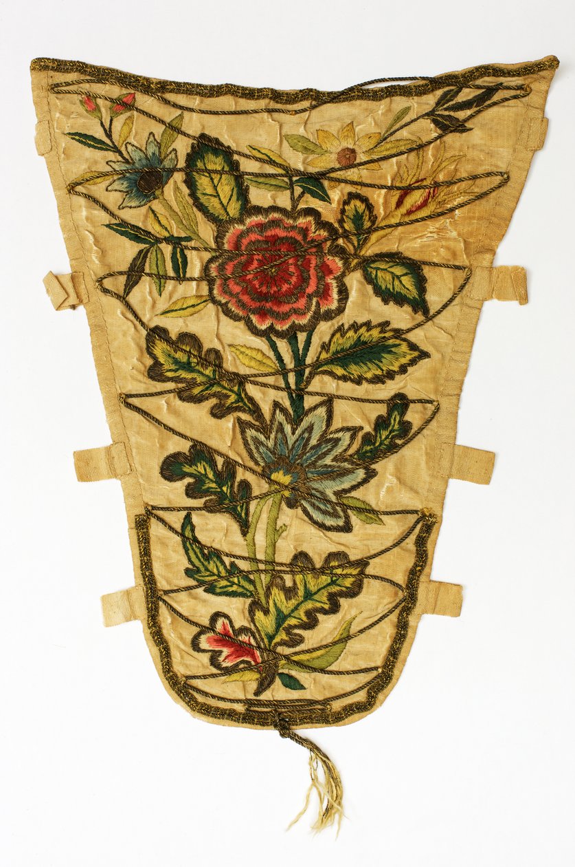 Krémový stomacher vyšívaný kytičkou květin barevnou a stříbrno-zlacenou nití, cca 1700-50 (hedvábí) od English School