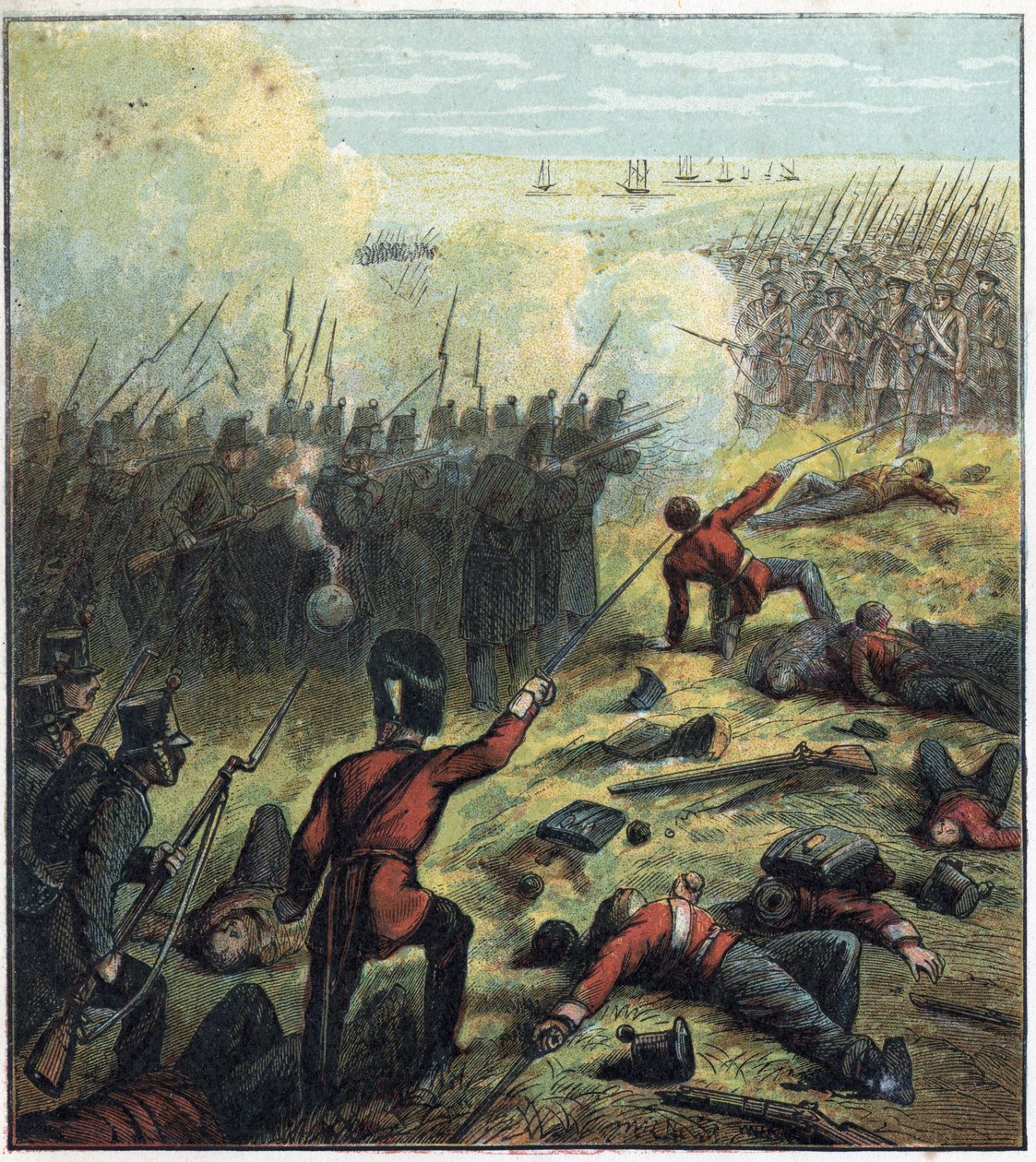 Krymská válka (1853-1856) mezi Ruskem a Osmanskou říší: Francouzi a Britové se spojili s Turky, aby obléhali ruský přístav Sebastopol od 17. října 1854 do 8. září 1855. „Obléhání Sebastopolu“ od English School
