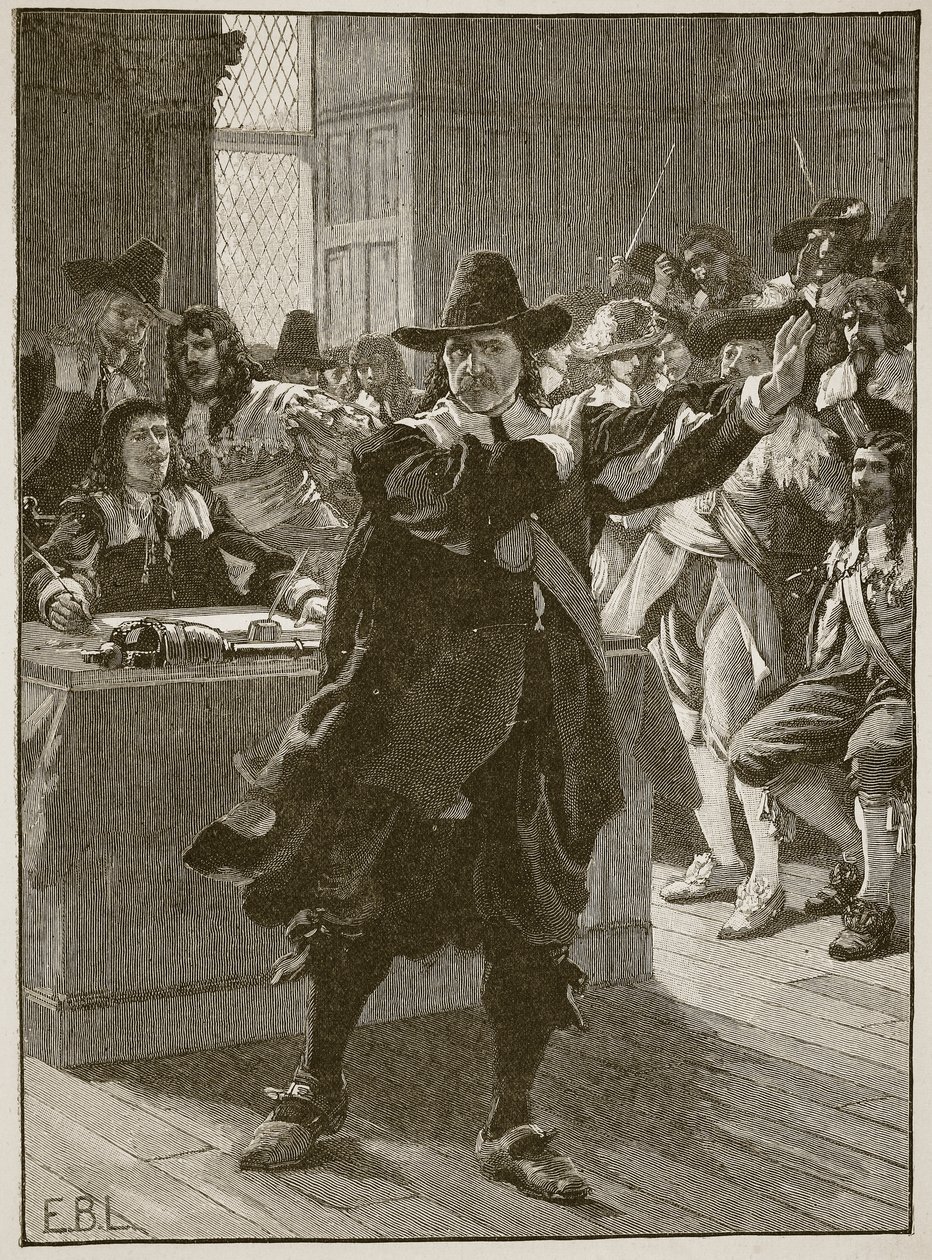Cromwell naposledy promlouvá k Dlouhému parlamentu, ilustrace z Cassells Illustrated History of England (sépiová fotografie) od English School