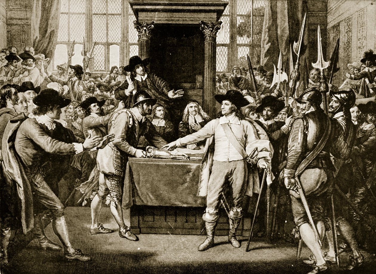 Cromwell rozpouští Dlouhý parlament, 1653, ilustrace z knihy Hutchinsons Story of the British Nation, cca 1923. od English School
