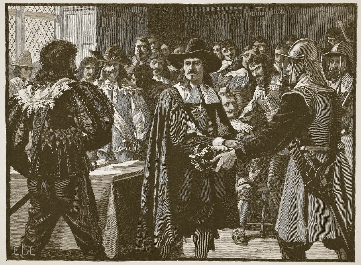 Cromwell rozpouští Dlouhý parlament, ilustrace z Cassells Illustrated History of England (sépiová fotografie) od English School