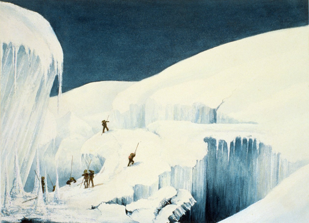 Crossing a Ravine, od Vyprávění o výstupu na vrchol Mont Blanc od Charles Fellows (1799-1860), vydáno 1827 od English School