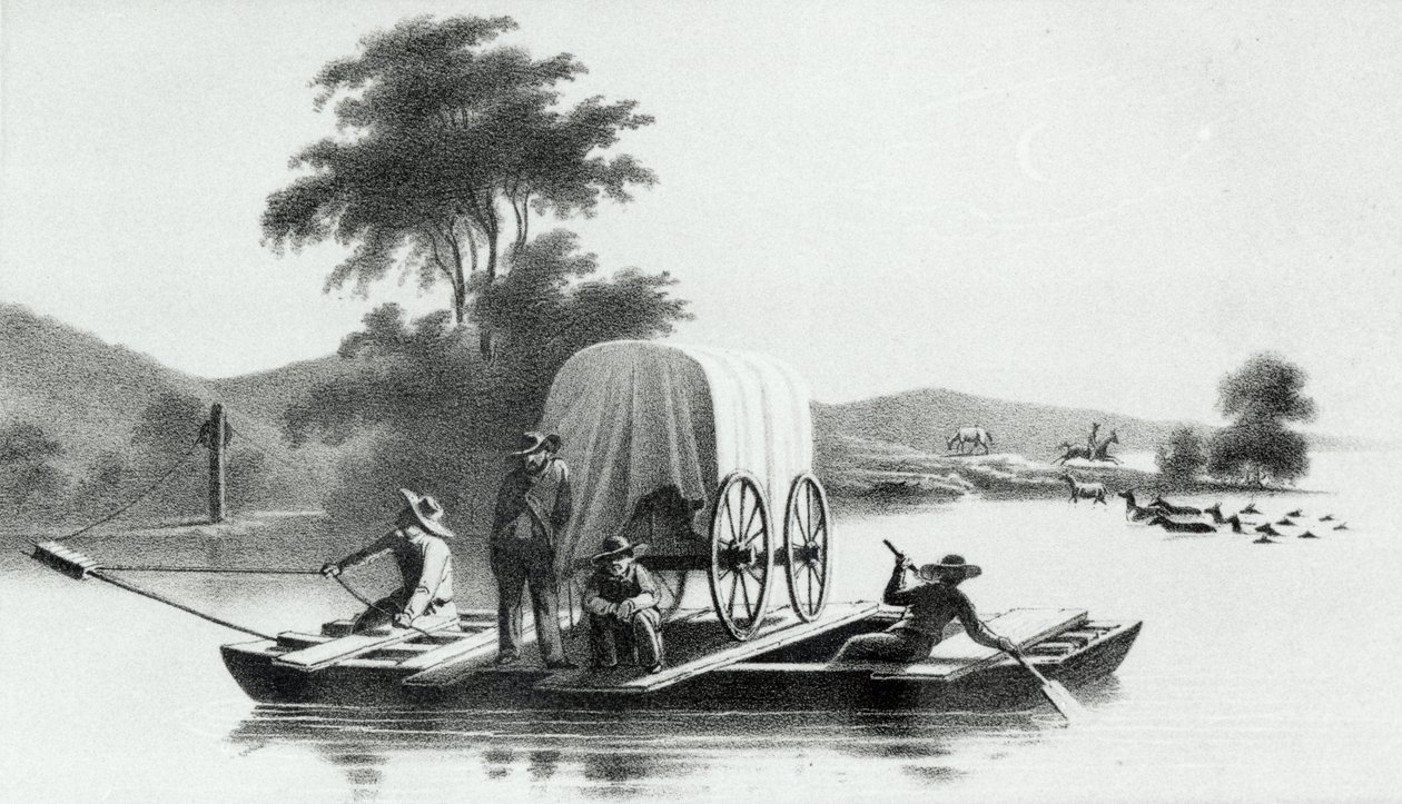 Crossing of Platte Mouth of Deer Creek, z průzkumu a průzkumu údolí Velkého solného jezera v Utahu od Howarda Stansburyho, publikoval 1852 od English School