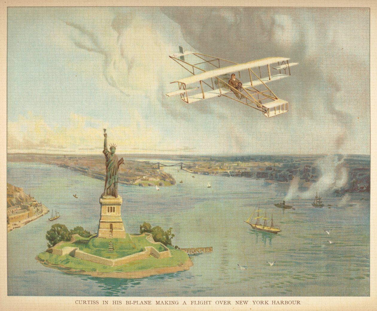 "Curtiss ve svém dvouplošníku letí nad newyorským přístavem." Kniha vzducholodí malých lidí. Londýn: Ernest Nister, [1912] od English School