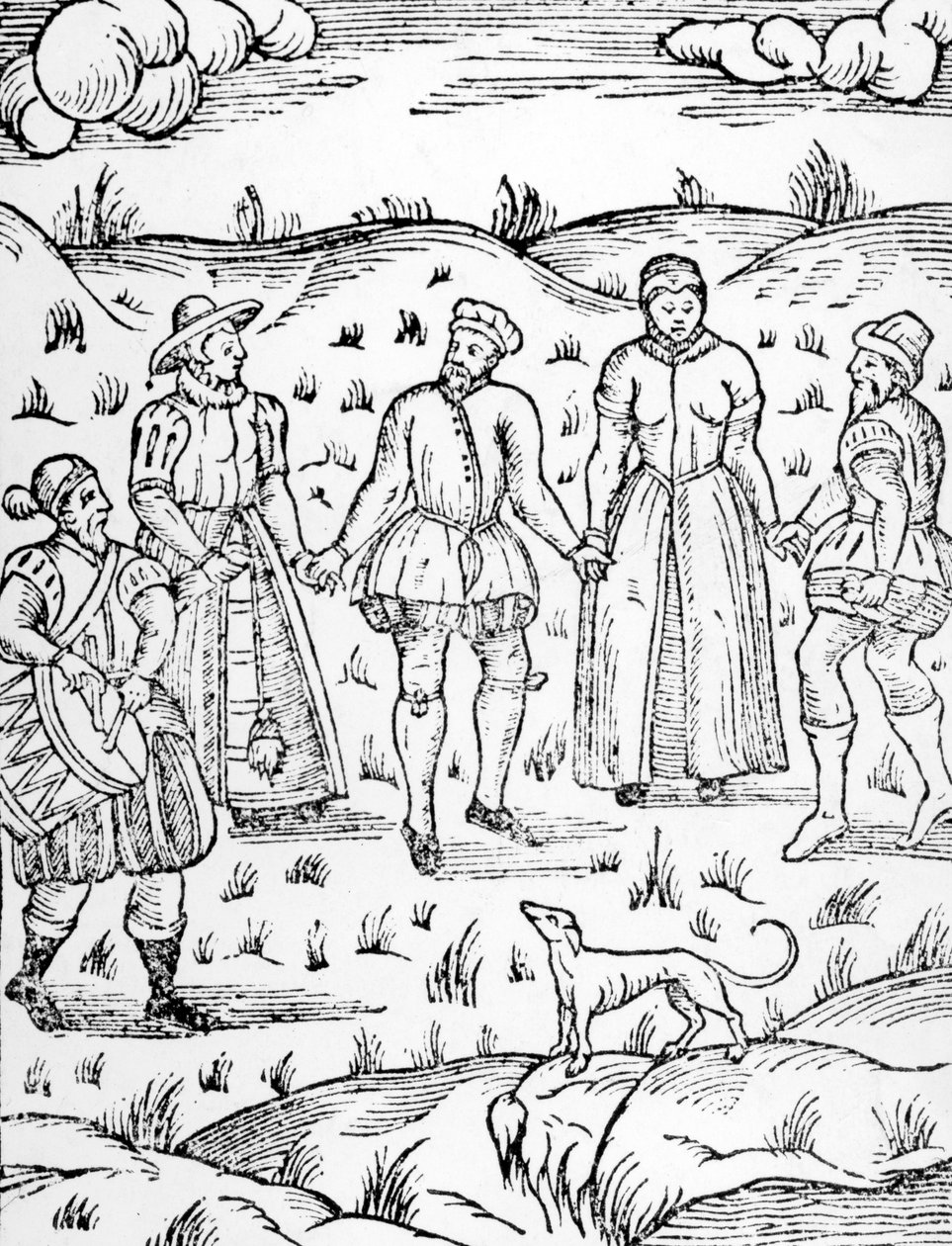 Tanec s bubeníkem, od Doome varující všechny muže k soudu od Stephena Batemana, 1581 od English School