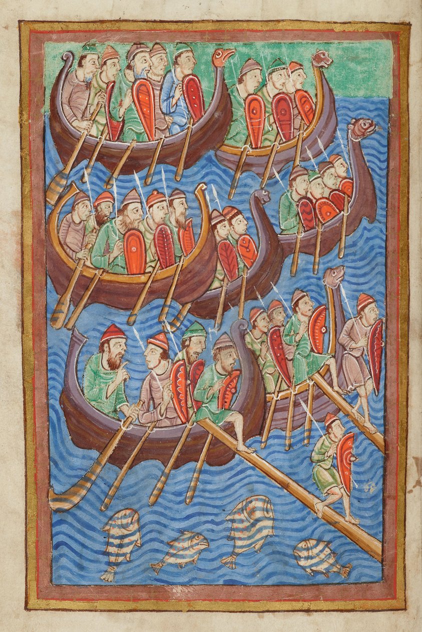 Dánové pod vedením Hinguara a Hubby se vylodili v Británii, z Miscellany o životě St. Edmunda, Bury St Edmunds, c.1130 (vellum) od English School