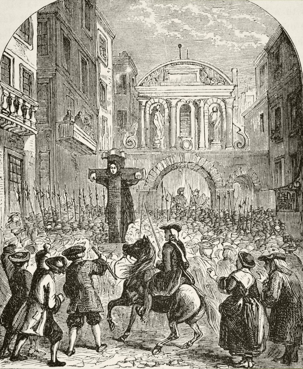 Daniel Defoe na pranýři v Temple Bar, z „Národní a domácí historie Anglie“ od Williama Hickmana Smith Aubrey (1858-1916), vydaný v Londýně, kolem roku 1890 od English School