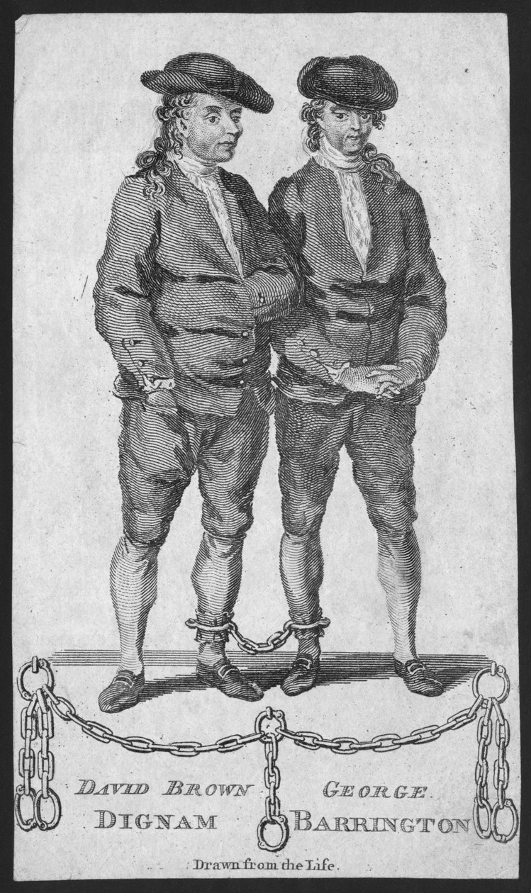 David Brown Dignam a George Barrington, ilustrace z London Magazine, květen 1777 od English School