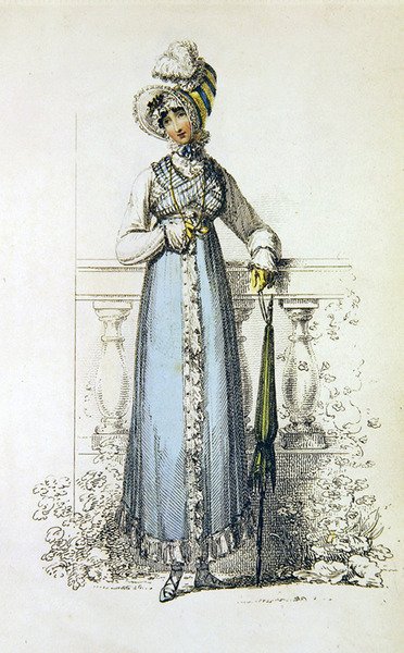 Denní šaty, módní deska z Ackermannova uměleckého repozitáře (kolorovaná rytina) od English School