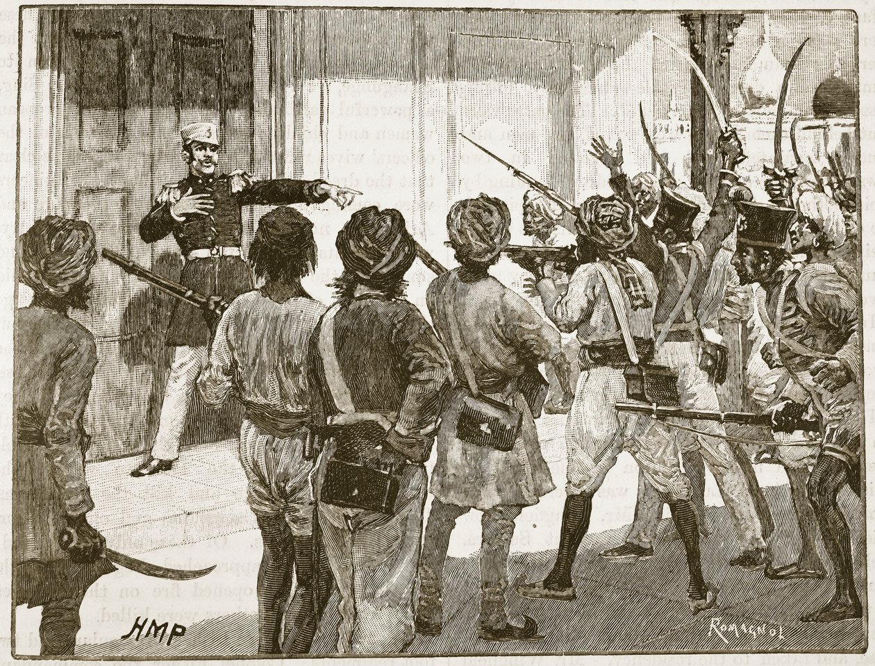De Kantzow brání pokladnici v Mynpooree, ilustrace z Cassells Illustrated History of England (sépiová fotografie) od English School