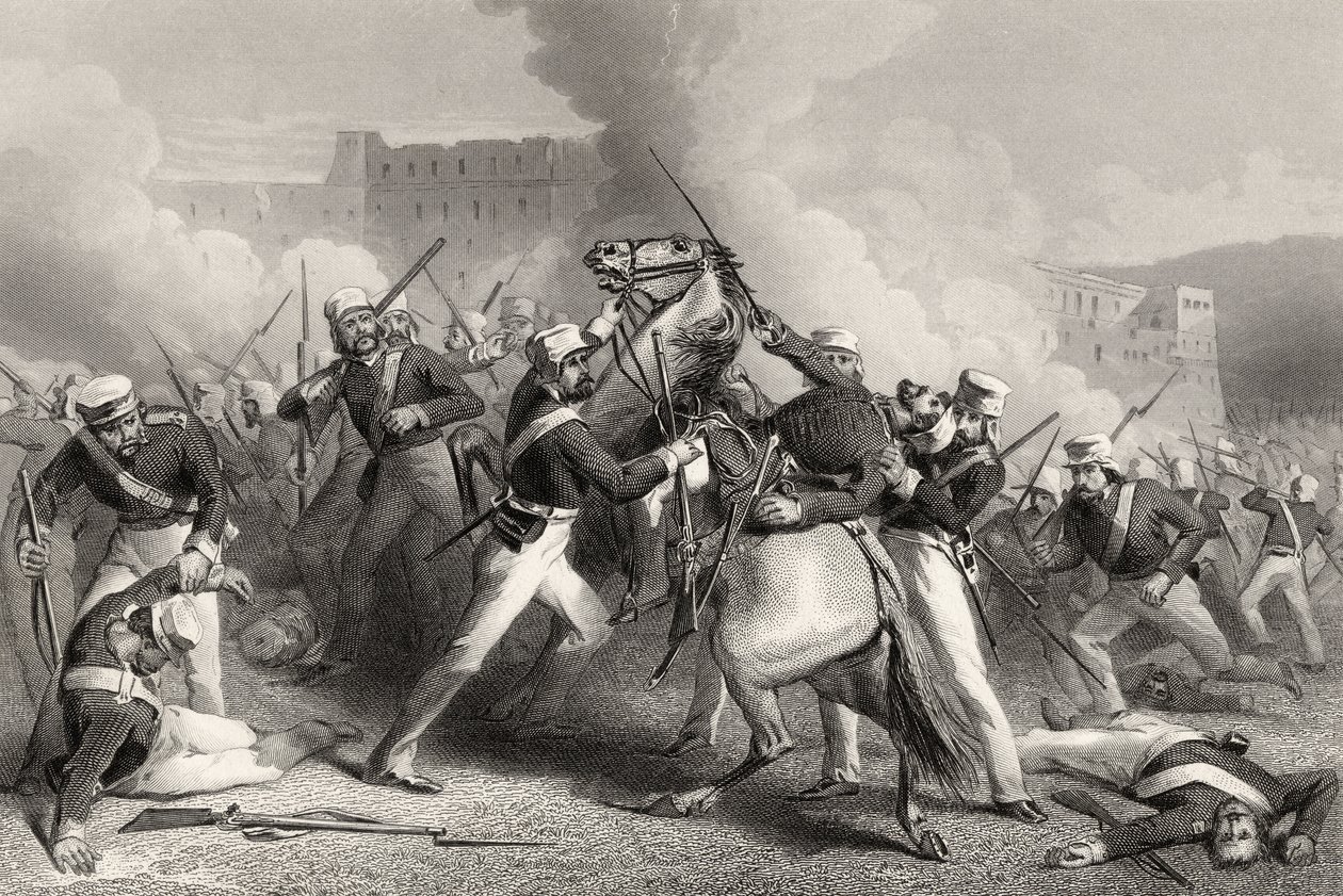 Smrt brigádního generála Adriana Hopea při útoku na Fort of Roodmow, 15. dubna 1858, z „Historie indické vzpoury“ vydané v roce 1858 od English School