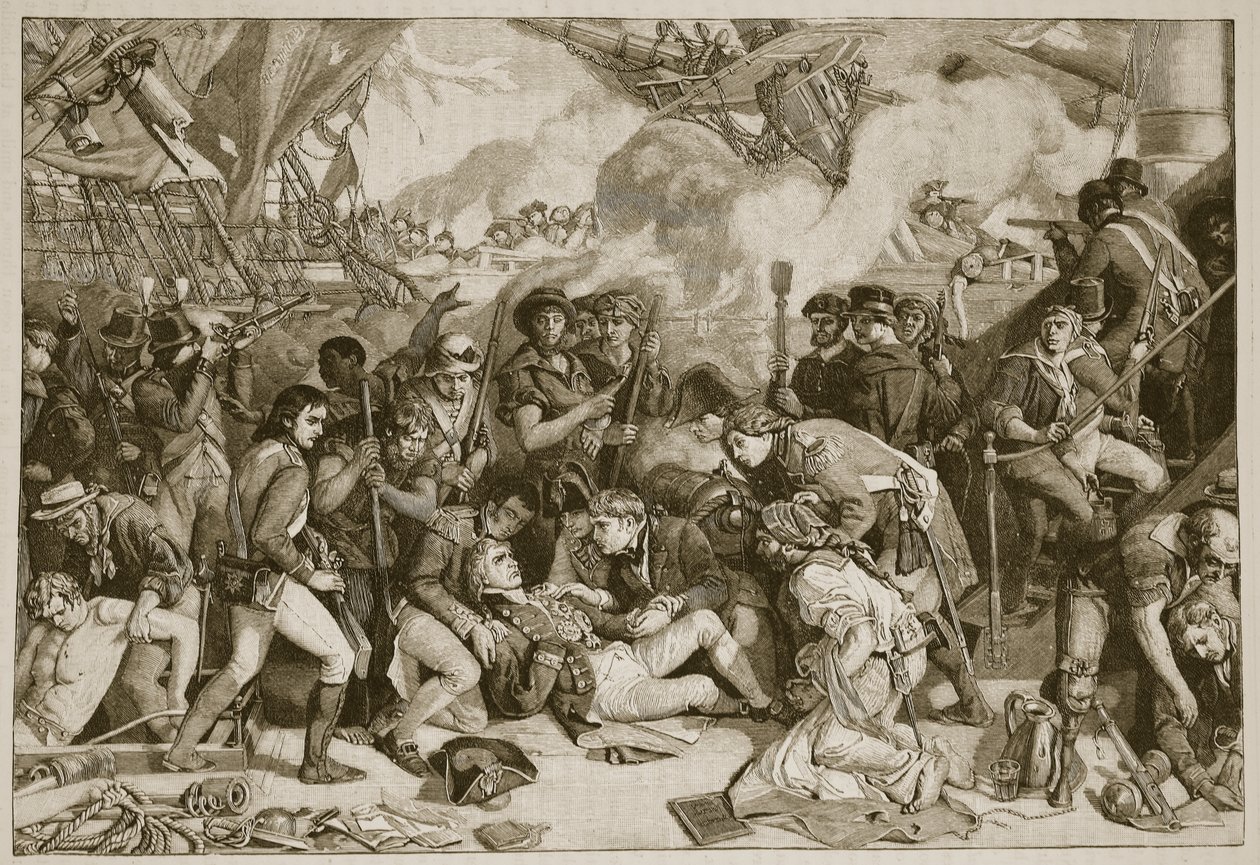 Nelsonova smrt, ilustrace z Cassells Illustrated History of England (sépiová fotografie) od English School