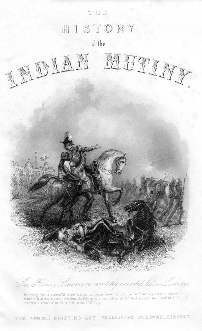 Smrt sira Henryho Montgomeryho Lawrence z knihy The History of the Indian Mutiny (Historie indické vzpoury), vydané v roce 1858. od English School