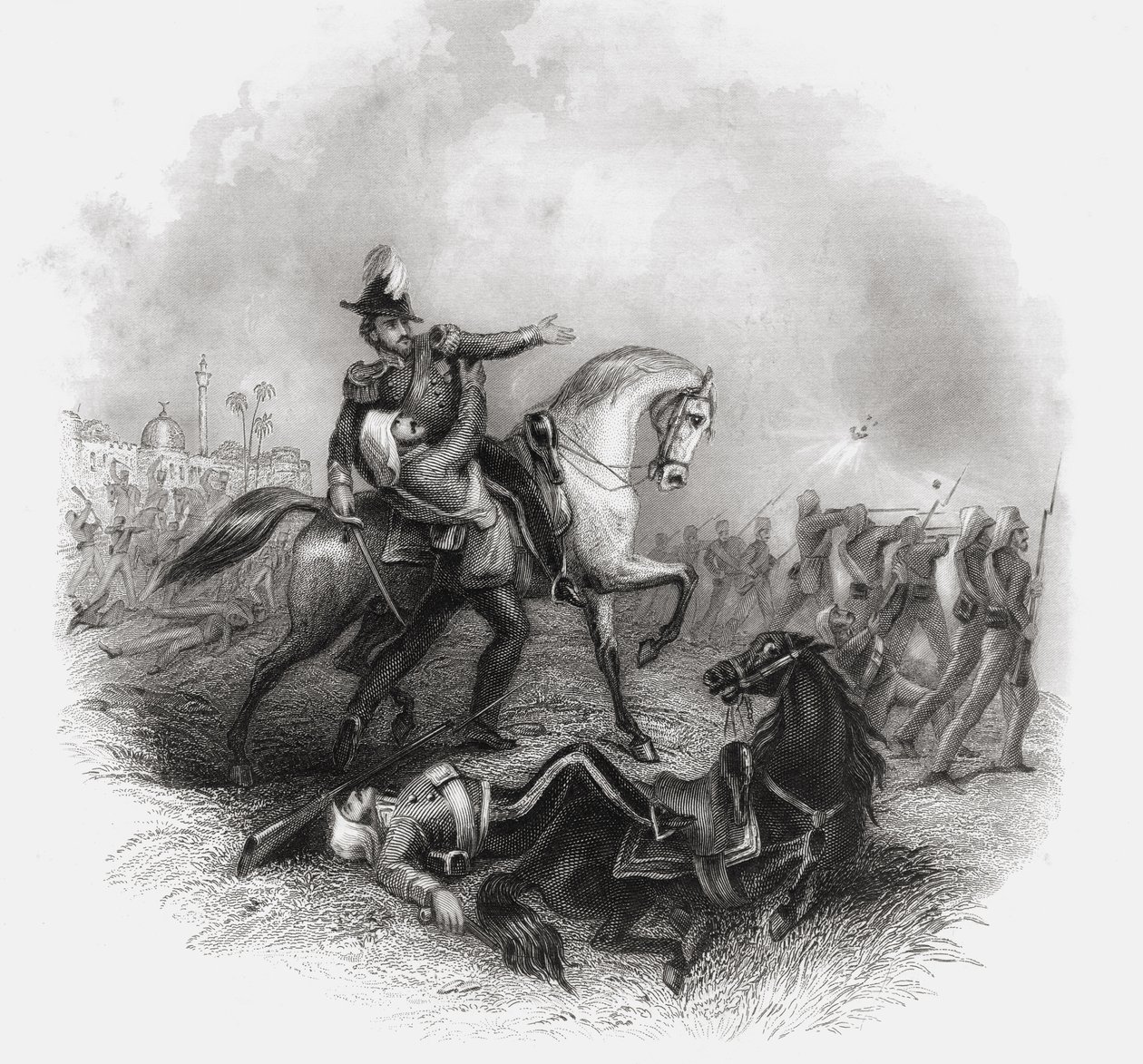 Smrt sira Henryho Montgomeryho Lawrence z „Historie indické vzpoury“ publikované v roce 1868 od English School