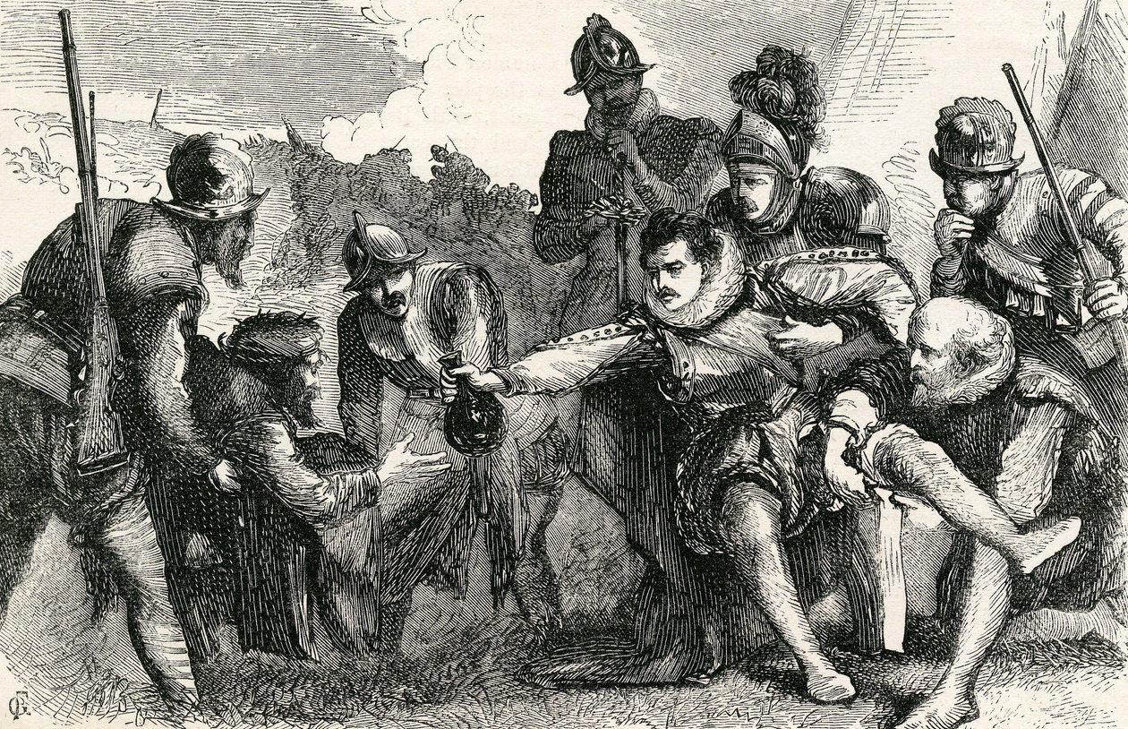 Smrt sira Philipa Sidneyho v bitvě u Zutphenu, 1865 od English School