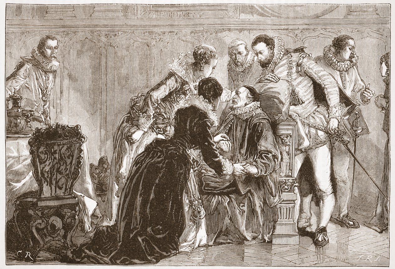 Smrt Viléma Tichého, prince Oranžského, ilustrace z „Dějin protestantismu“ od Jamese Aitkena Wylie (1808-1890), hospoda. 1878 (rytina) od English School