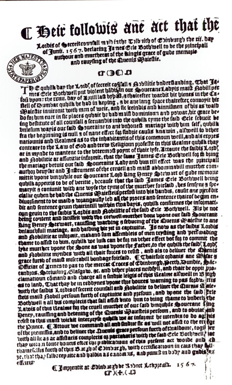 Prohlášení lordů označující hraběte z Bothwellu jako vraha lorda Darnleyho, 1567 (pero a inkoust na papíře) od English School