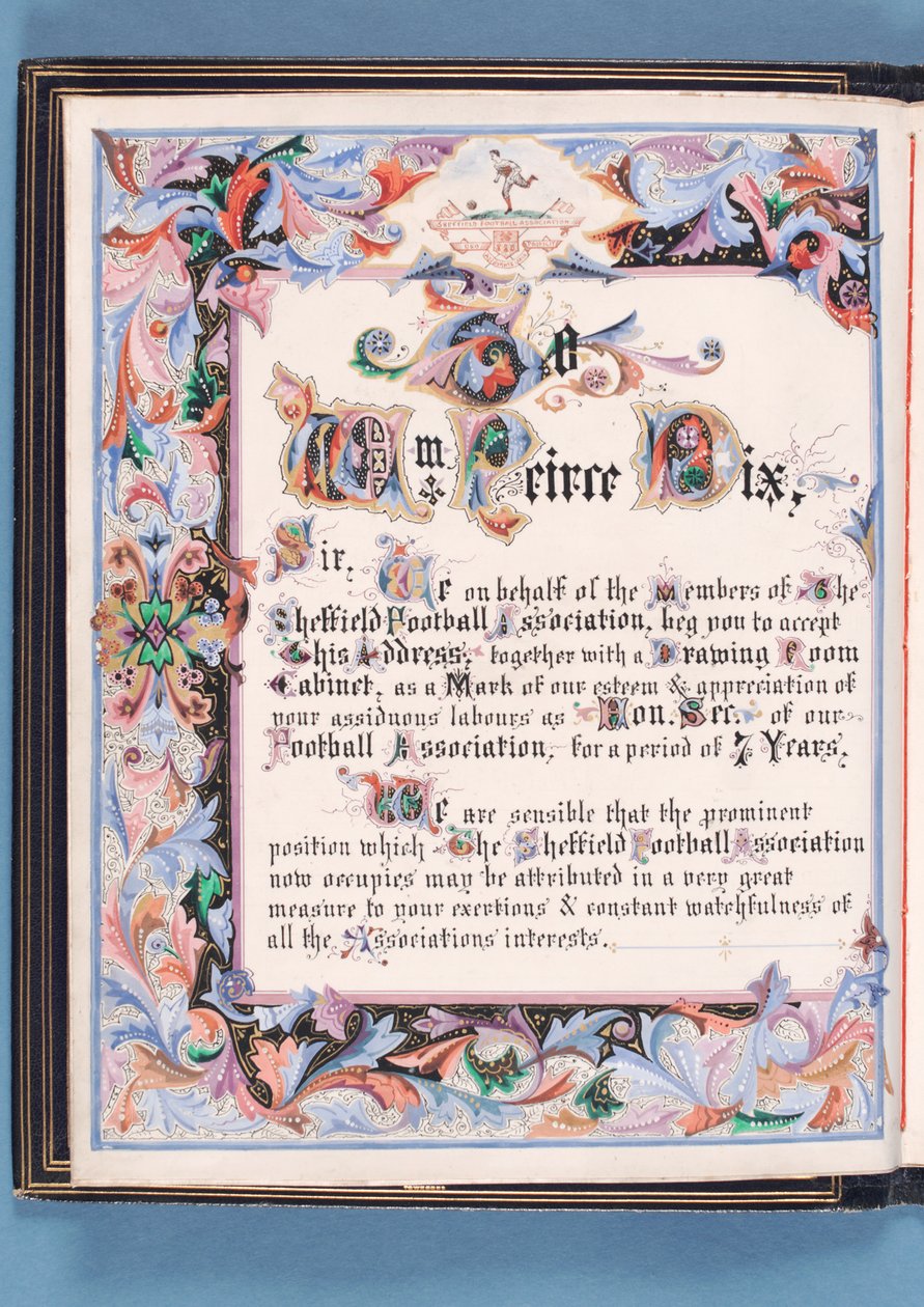 Věnování z projevu, který Sheffield Football Association přednesl Williamu Pierce-Dixovi u příležitosti jeho odchodu do důchodu jako sekretářka, 1882 (inkoust na papíře) (viz také 315163) od English School
