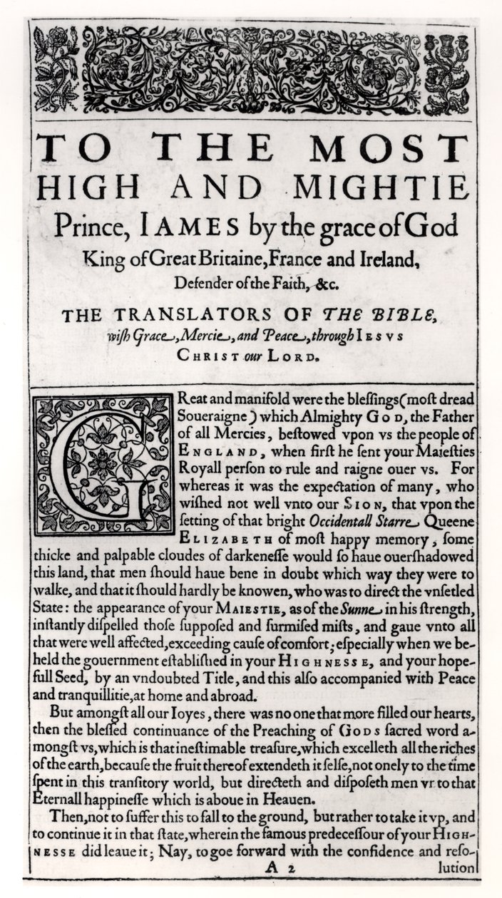 Věnování v Bibli svaté, kterou vydal Robert Barker, 1611. od English School