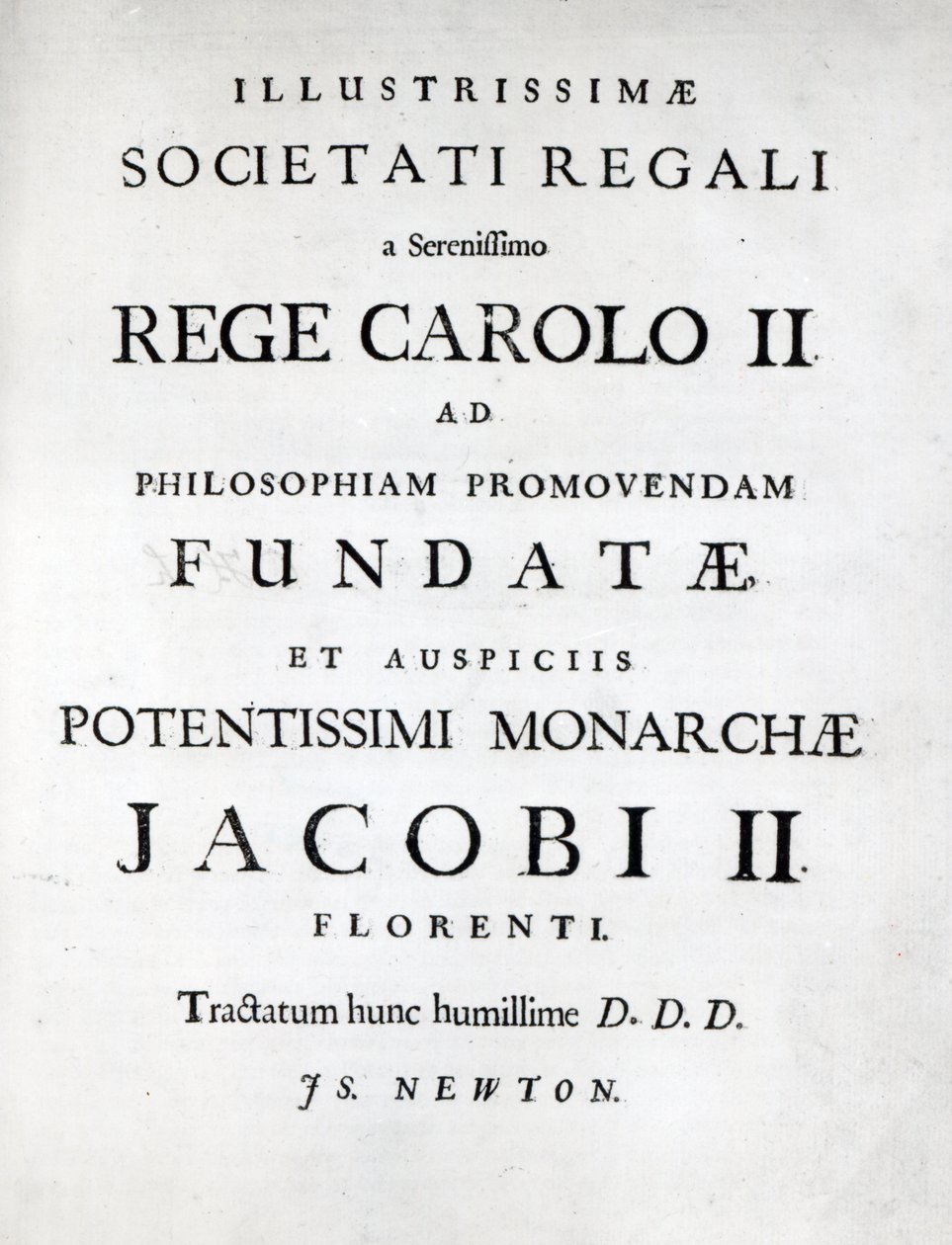 Věnování Královské společnosti prvního vydání Newtons Philosophiae Naturalis Principia Mathematica, 1687 od English School