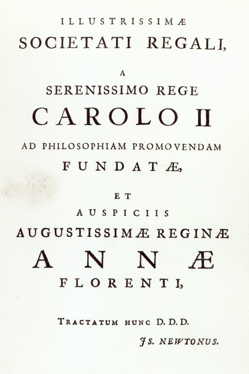 Věnování Královské společnosti druhého vydání Newtons Philosophiae Naturalis Principia Mathematica. 1713 od English School