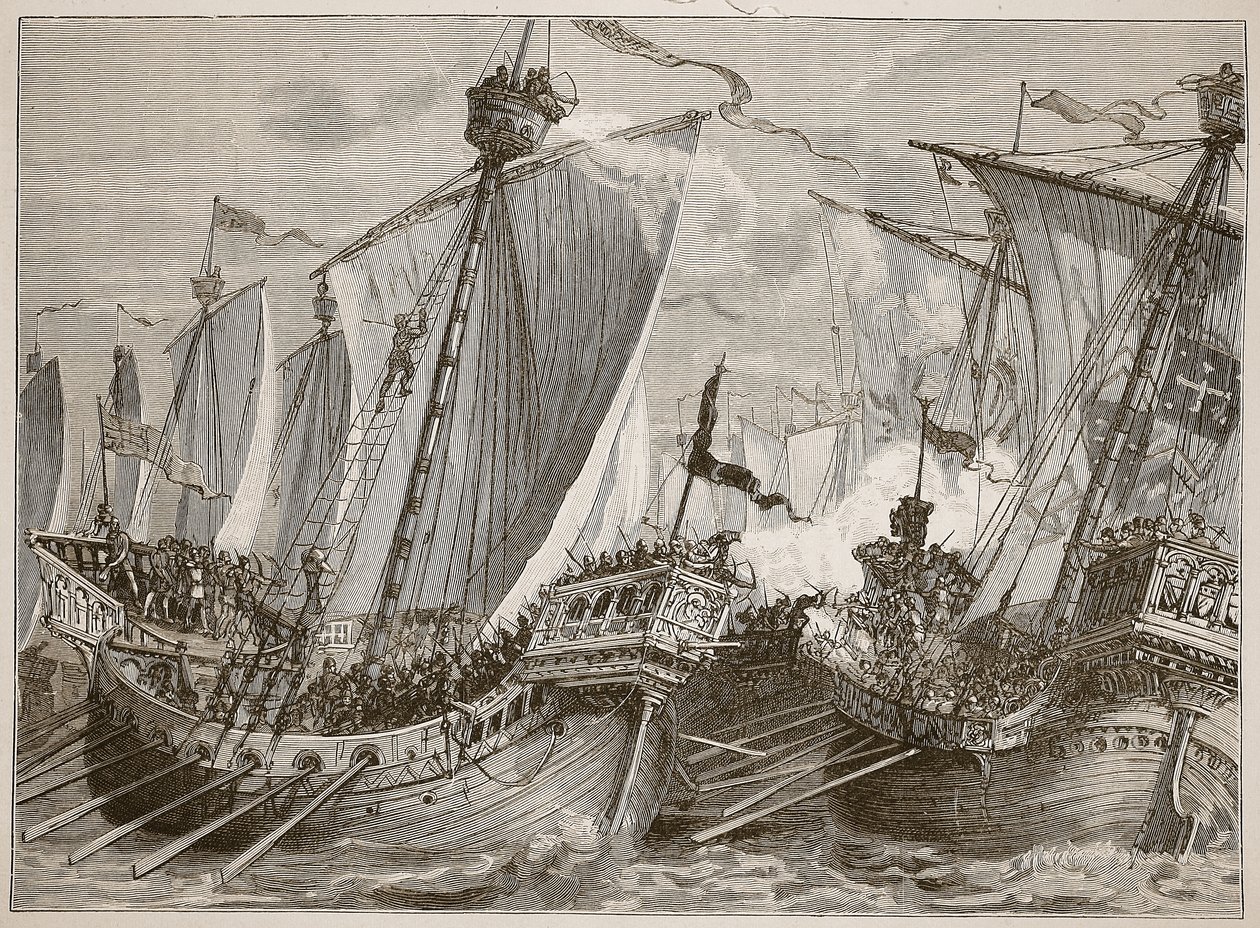 Porážka francouzského loďstva v Lamanšském průlivu, ilustrace z Cassells Illustrated History of England (sépiová fotografie) od English School