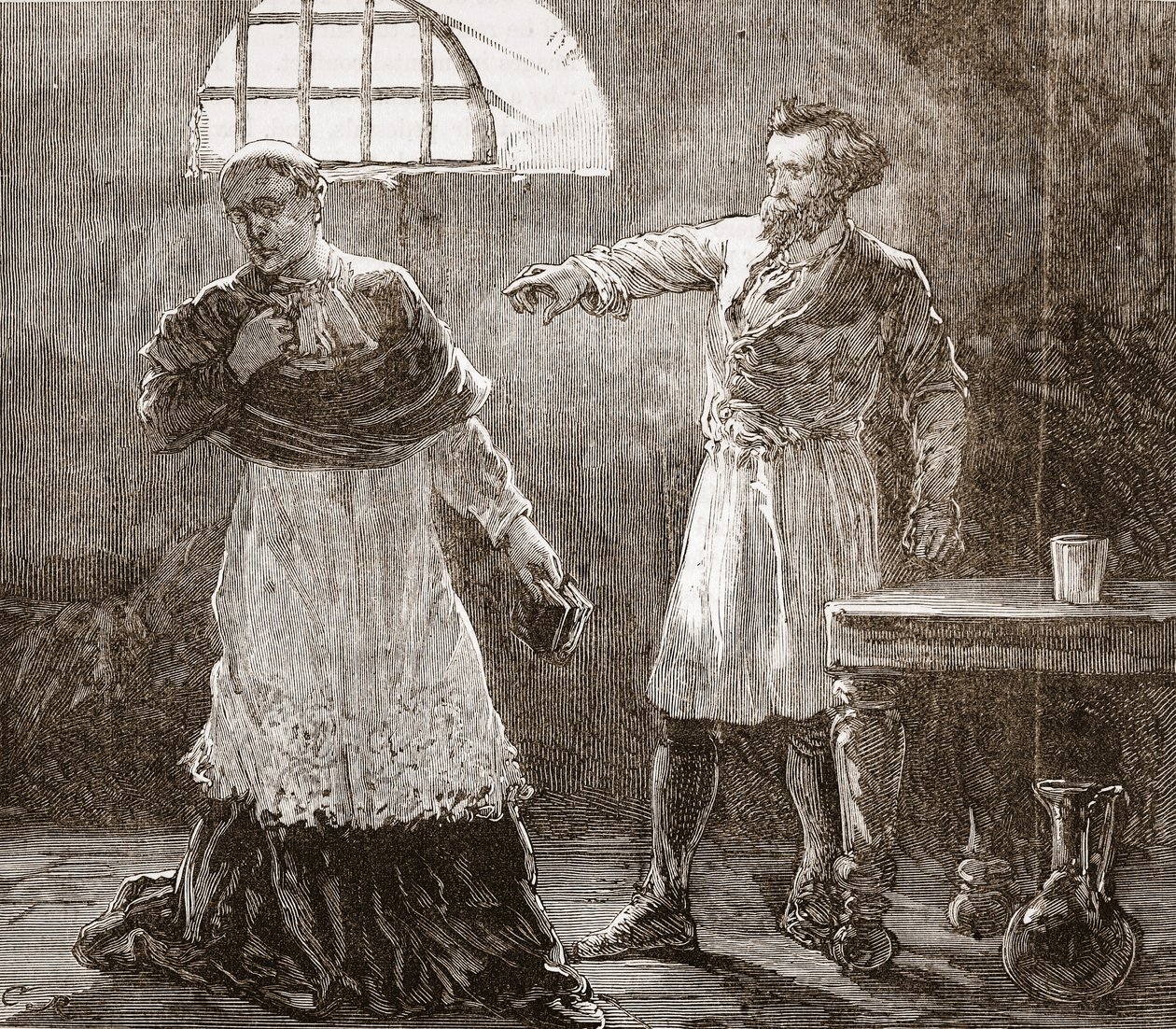 Denis kárající biskupa z Meaux, ilustrace z Historie protestantismu od Jamese Aitkena Wylie (1808-1890), pub. 1878 od English School