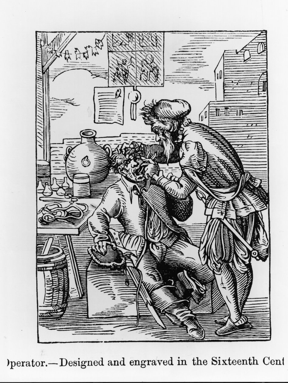 Dental Operator, ilustrace z „Vědy a literatury ve středověku a renesanci“, napsal a vyryl Paul Lacroix, 1878 (rytina) (černobílá fotografie) od English School