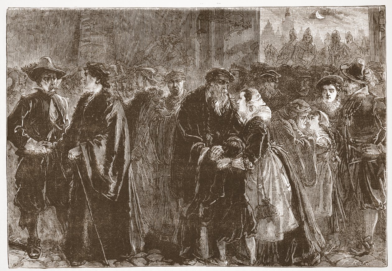 Odjezd vyhnaných ministrů z Kuttenbergu, ilustrace z Dějin protestantismu od Jamese Aitkena Wylie (1808-1890), hospoda. 1878 od English School