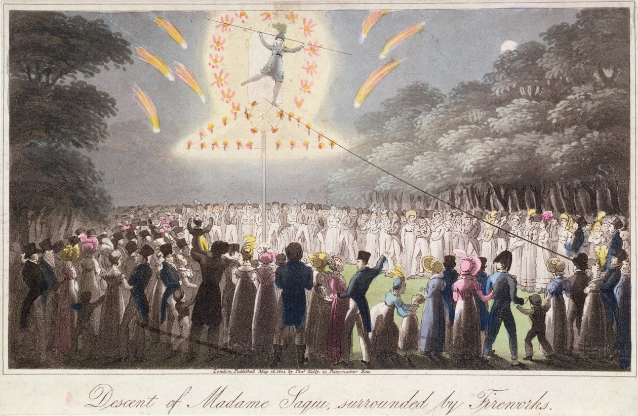 Descent of Madame Saqui, obklopený ohňostrojem, vydal Thomas Kelly (fl. 1820-55) Londýn od English School
