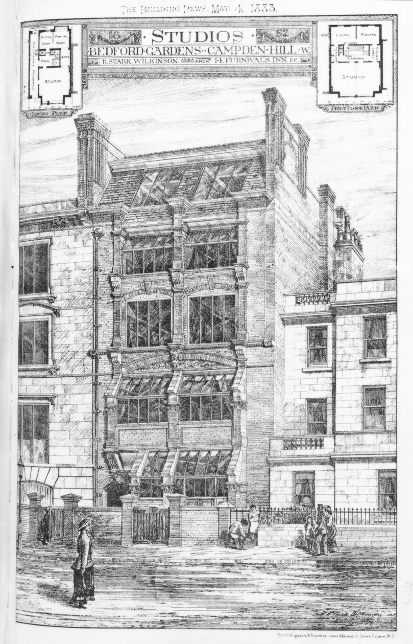 Design for Studios v Bedford Gardens, Campden Hill, Londýn, z „The Building News“, 4. května 1883 od English School