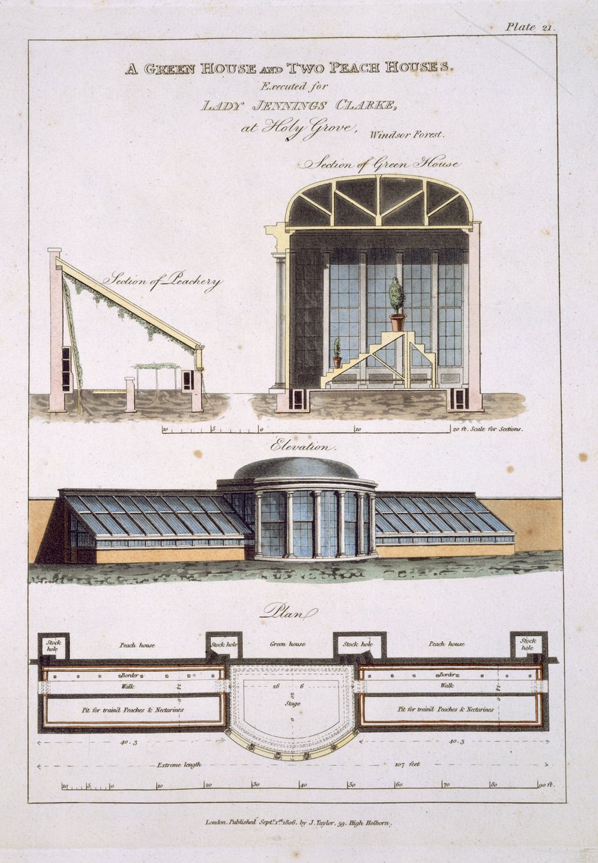 Design pro zelený dům a dva broskvové domy, 1806 od English School
