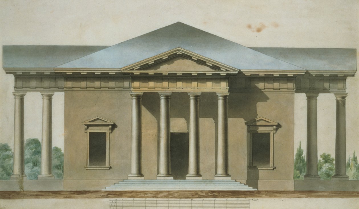 Návrh toskánského dórského zahradního pavilonu, cca 1830 (čb a tuš na papíře) od English School
