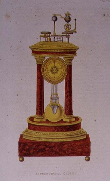 Návrh orloje, deska 139 z Ackermannova „Repozitáře umění, literatury, obchodu, výroby, módy a politiky“, vydané 1809-28 (barevné lito) od English School