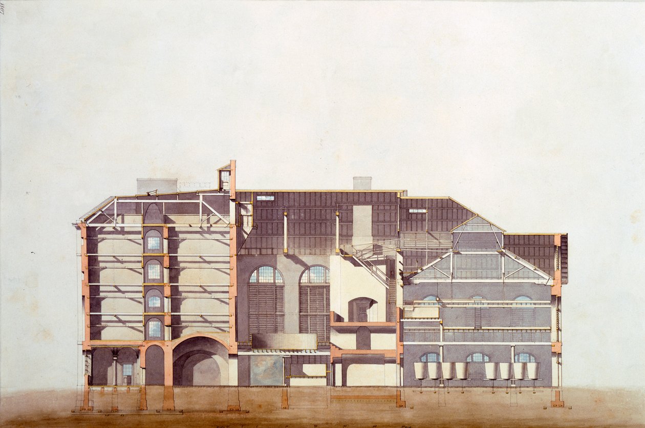 Design for the Stag Brewhouse, originální rukopisná kresba z kanceláře George Saunderse, kolem roku 1807 (tužka, wc a pero a inkoust na papíře) od English School