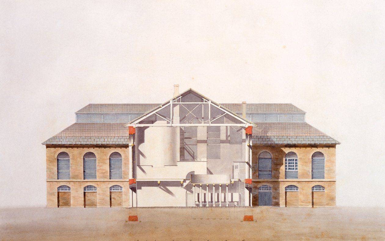 Design for the Stag Brewhouse, originální rukopisná kresba z kanceláře George Saunderse, kolem roku 1807 (tužka, wc a pero a inkoust na papíře) od English School