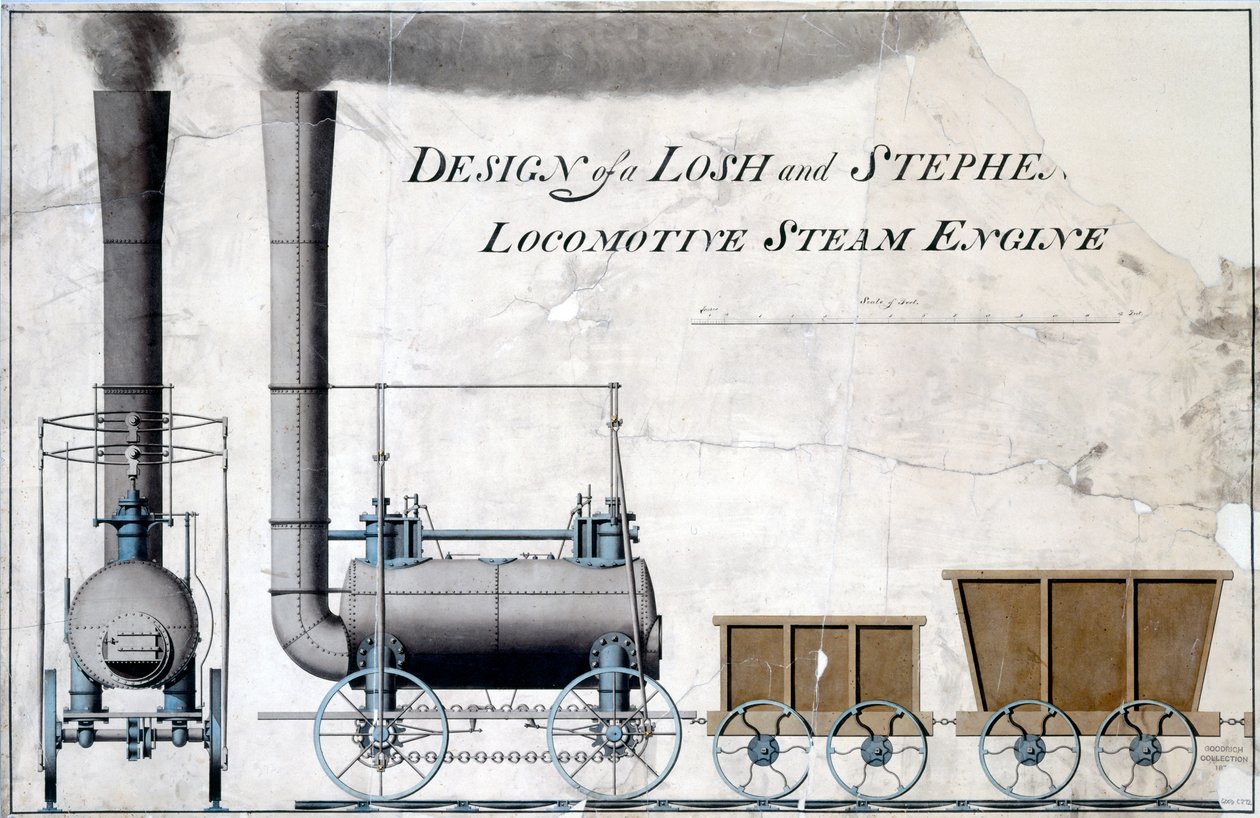 Návrh parního lokomotivy Losh and Stephenson, kolem 1826 (pero, inkoust a mytí na papíře) od English School