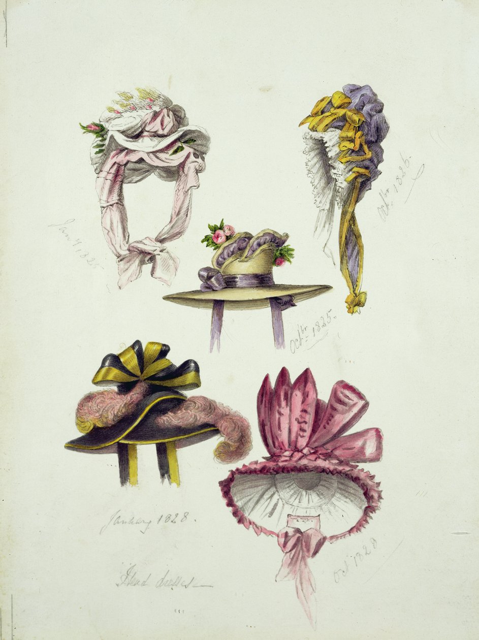 Designs for Regency Hats, 1828 (wc s tužkou na papíře) od English School