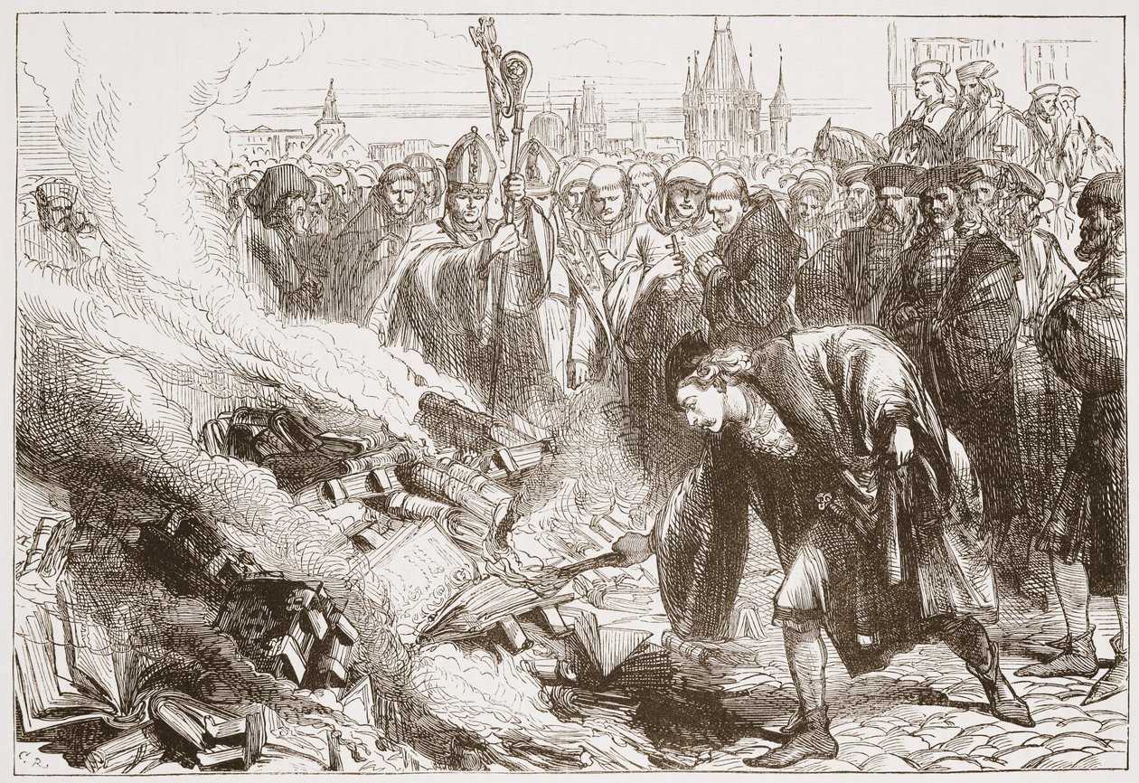 Destrukce Wicliffova díla v Praze, ilustrace z Dějin protestantismu od Jamese Aitkena Wylie (1808-1890), nakl. 1878 od English School
