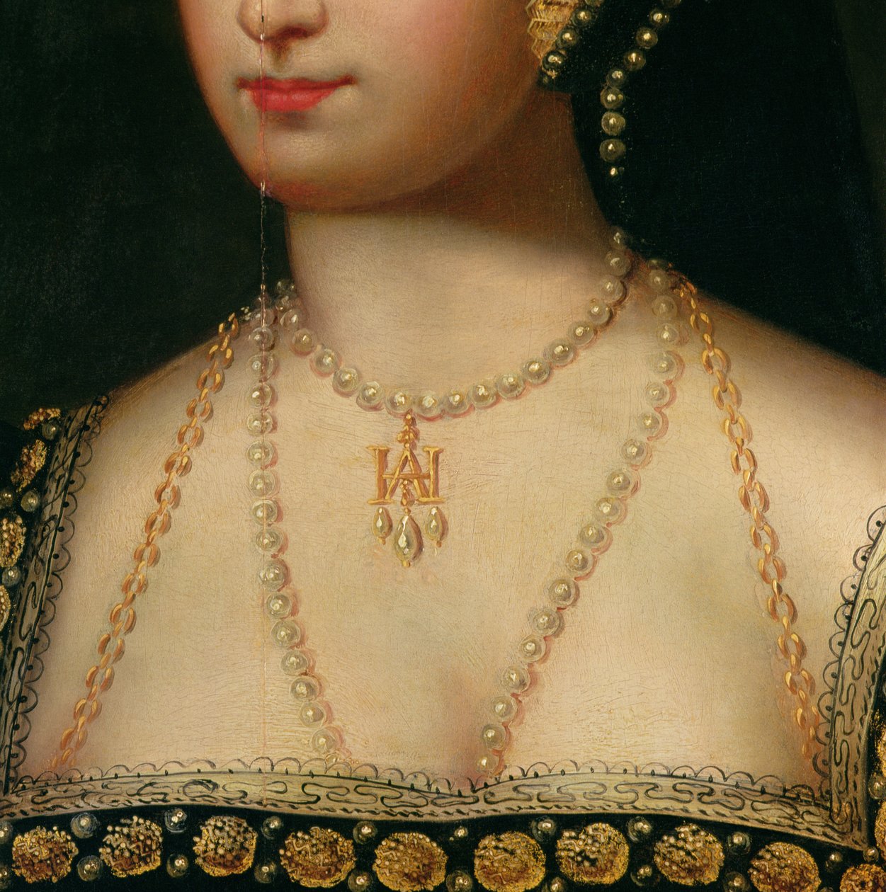 Detail z portrétu Anny Boleynové (1504-36) kolem roku 1533 (olej na plátně) od English School